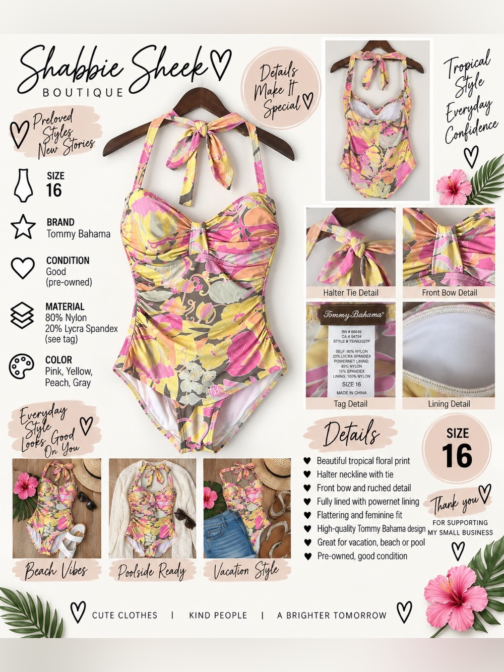 Tommy Bahama Floral One-Piece Swimsuit Size 16 Halter Neck Bow Front Ruched